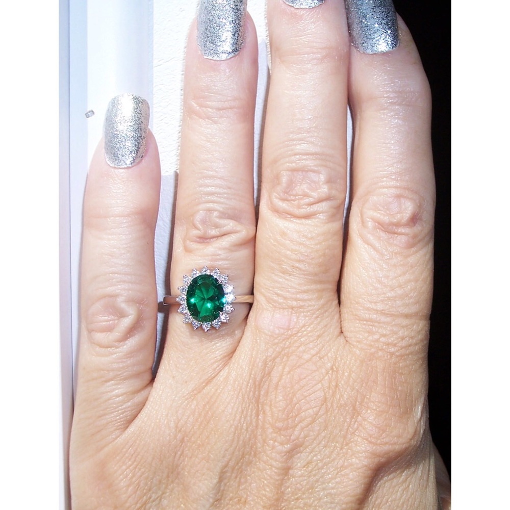 925 STERLING SILVER Simulated Emerald Cubic Zirconia Halo Ring - Picture 2 of 16